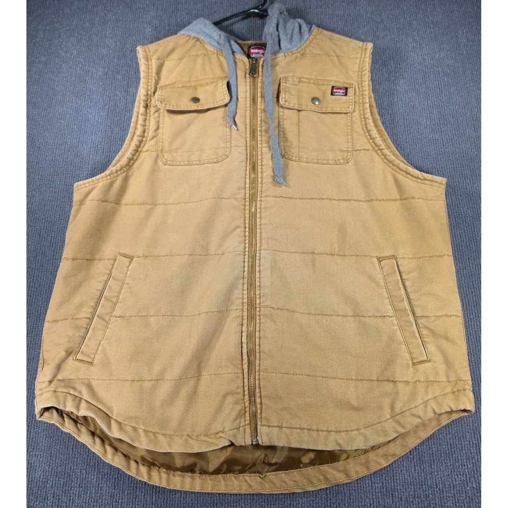 Wrangler Workwear Hooded Vest Brown Gray Mens 2XL 50-52 Canvas Lined Pockets